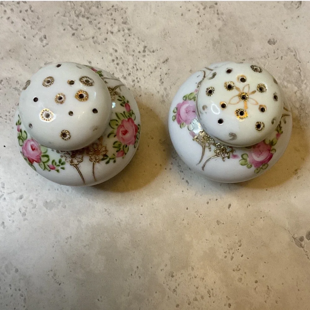 Vintage Hand Painted Porcelain Salt and Pepper Shakers Pink Roses Gold Gilt Set